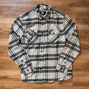 Elxr Casual Button Down Mens Large Gray Mint Green Plaid Rugged Flannel Shirt